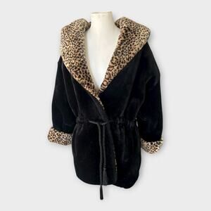 Vintage Monterey Fashions Faux Fur Coat Leopard Print Black Belted Women’s Large